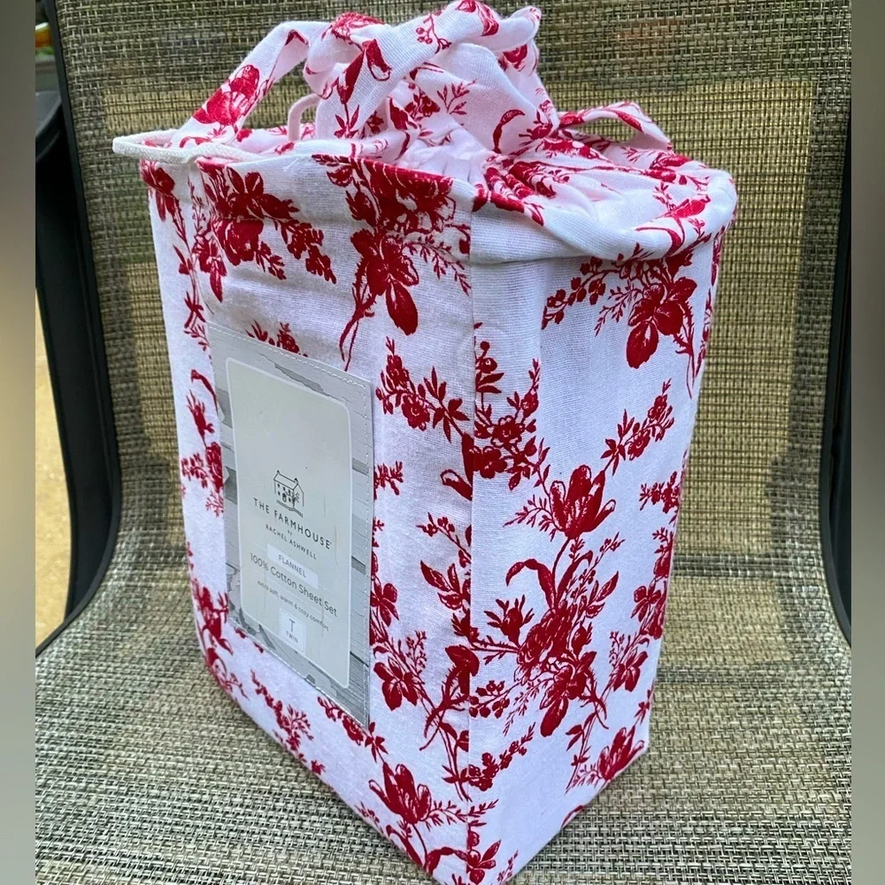 The Farmhouse Rachel Ashwell Red White Floral Flannel Cotton TWIN Sheet Set 3pc